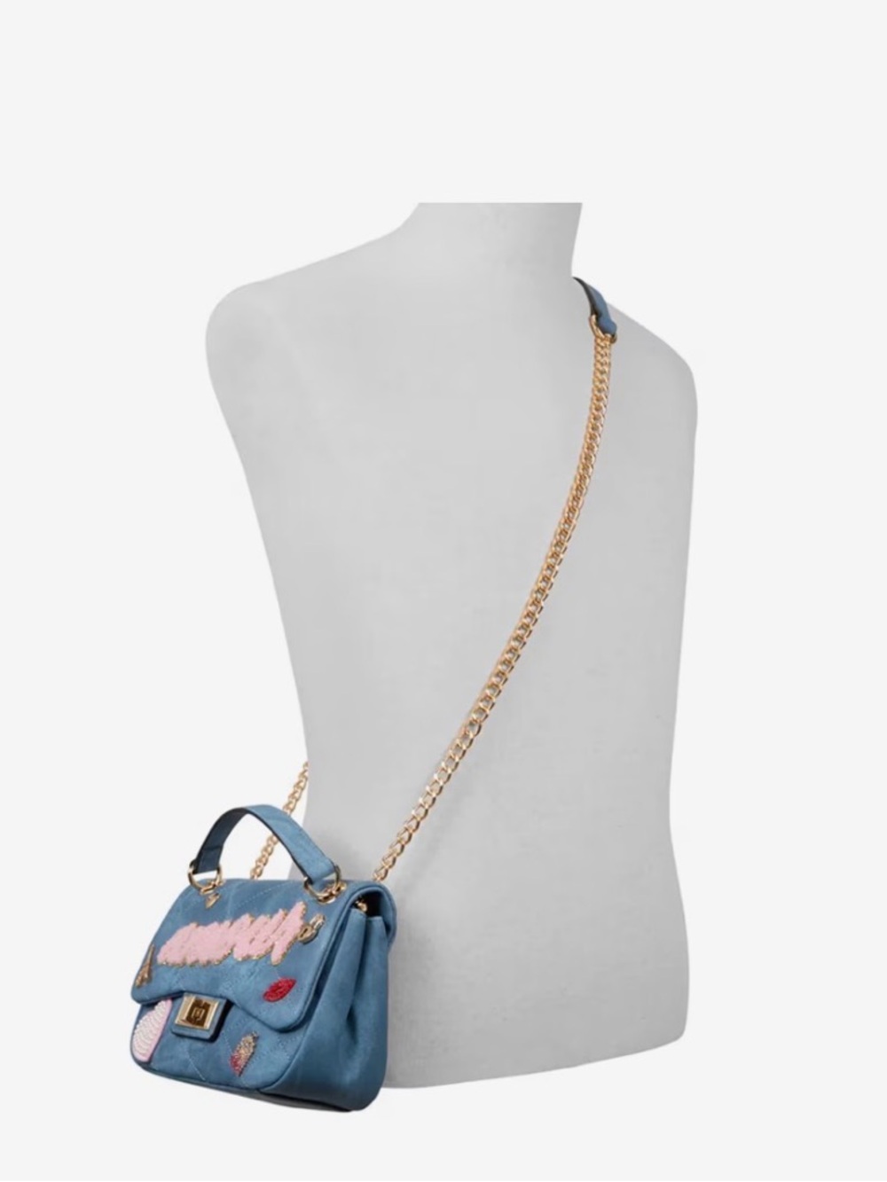 ALDO Honeoye Satchel Quilted Blue Denim Shoulder Bag with Pink 'Amour' patch - Picture 8 of 8